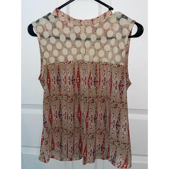 Tulle short sleeved top Medium Tan/Navy/Red colors beautiful tulle insert - Picture 1 of 14